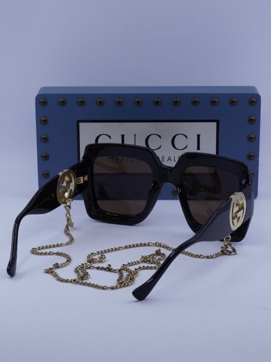 Gucci GG1022S 005 Square Sunglasses - Black/Brown with Gold Chain main image 9